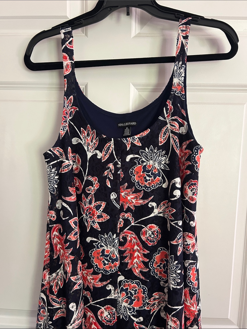 Nina Leonard Navy Tank Dress with Red & White Floral Print